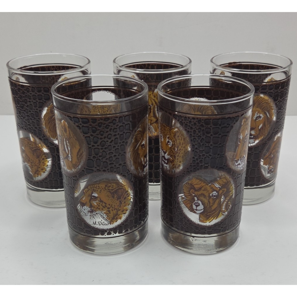 Libbey African Safari Textured Tumblers Highball Signed M. Dia Set of 5 Vintage